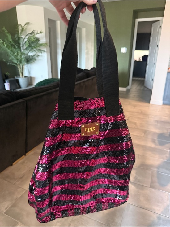 PINK Victoria's Secret Handbags - PINK Victoria's Secret Hot Pink and Black Sequin Stripe Tote